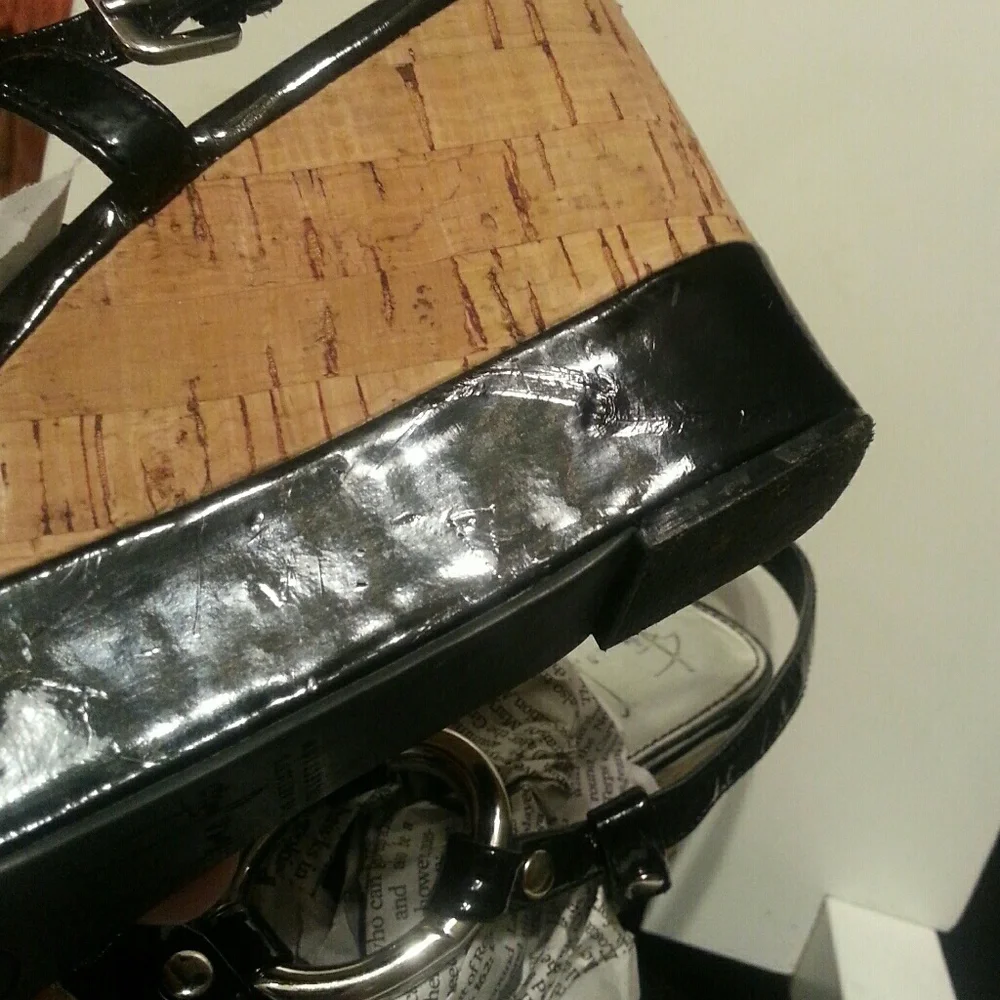 Franco Sarto black patent leather cork wedge shoes